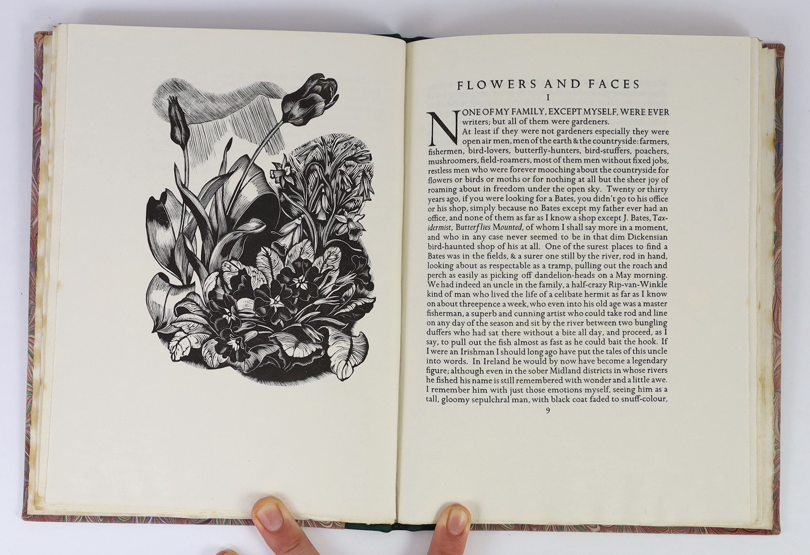 Golden Cockerel Press - Bates, Herbert Ernest - Flowers and Faces, one of 325, signed by the author, illustrated by John Nash, with engraved title and 4 fullpage wood-engravings, 4to, quarter green morocco with marbled p